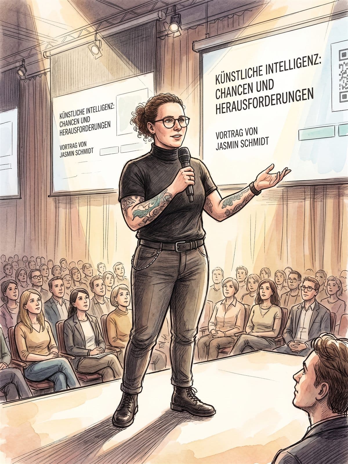 Illustration: Jasmin Schmidt hält einen Vortrag zum Thema Künstliche Intelligenz